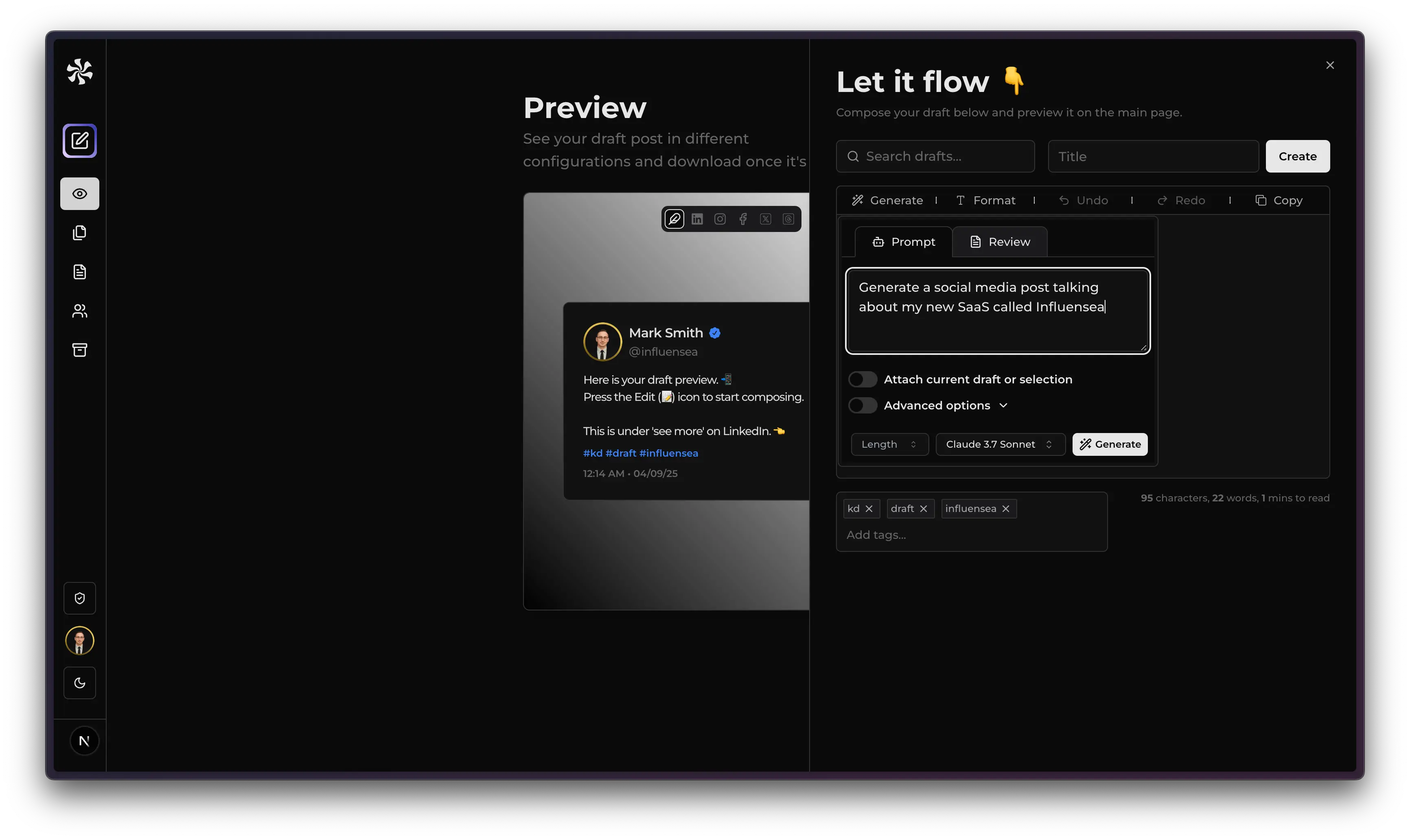 Preview of Influensea features used for AI content creation
